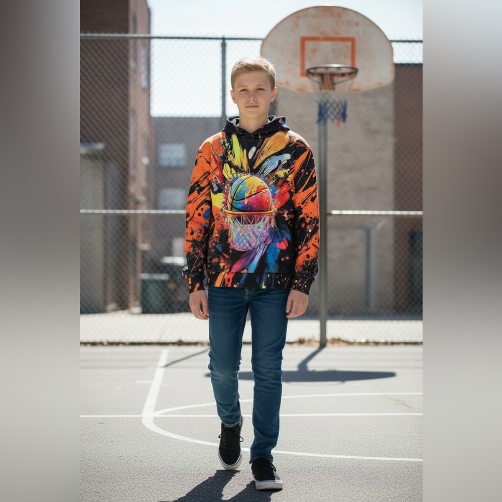 Watercolor Splash Basketball Hoodie - Vibrant Orange Boys Size XS